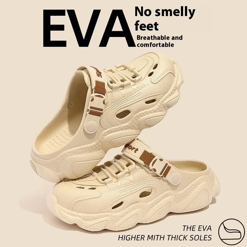Men's khaki outdoor summer slippers with hollow-out design and textured EVA sole.