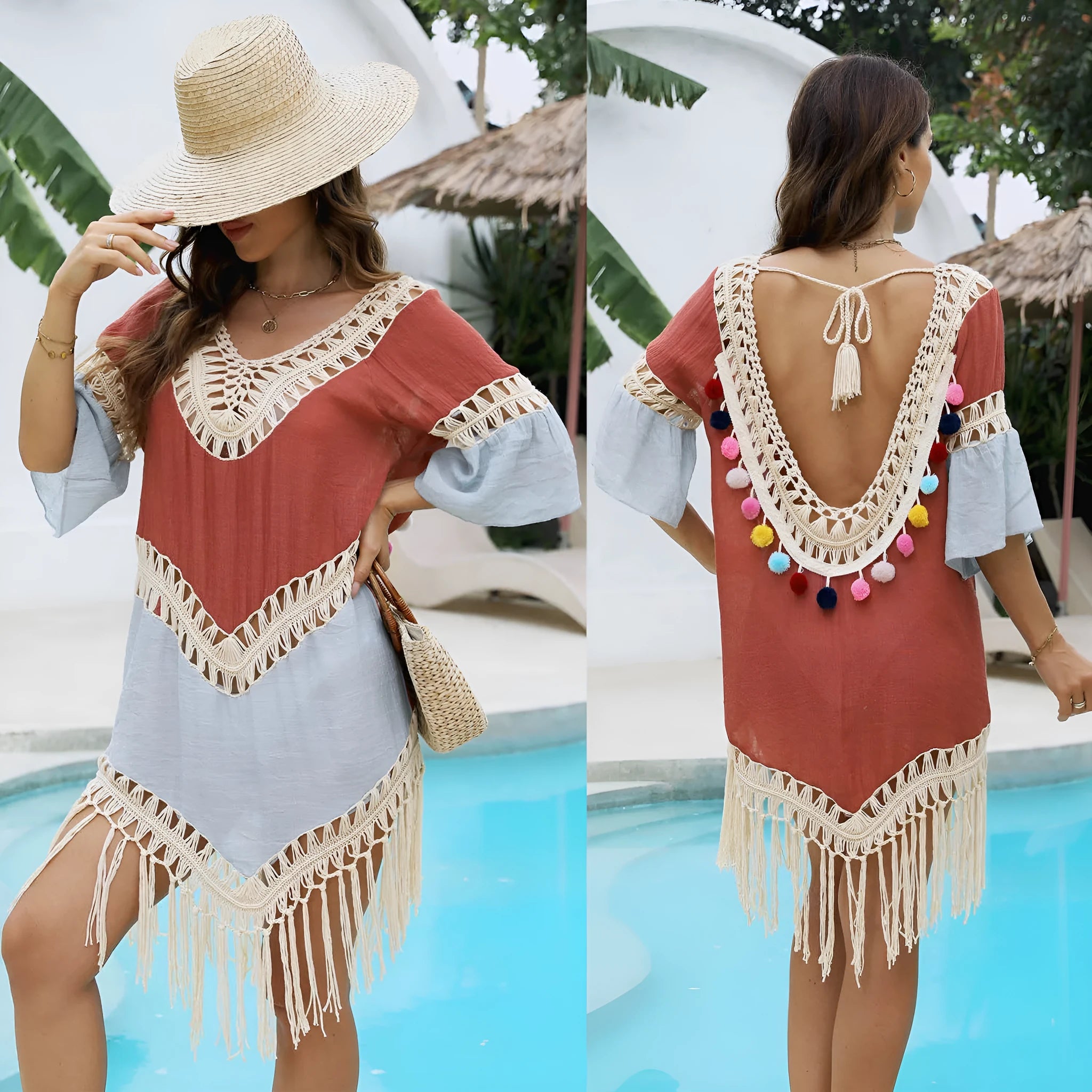 Orange floral beach overskirt with hand-crochet tassel details on mannequin