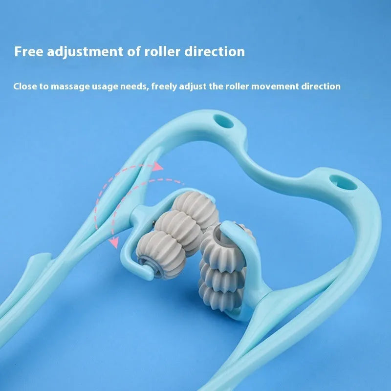 Blue plastic handheld massager with six rotating wheels for shoulder neck and waist relief