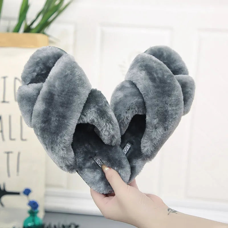 Women's cross open-toe fur slippers in multiple colours with patterned non-slip soles