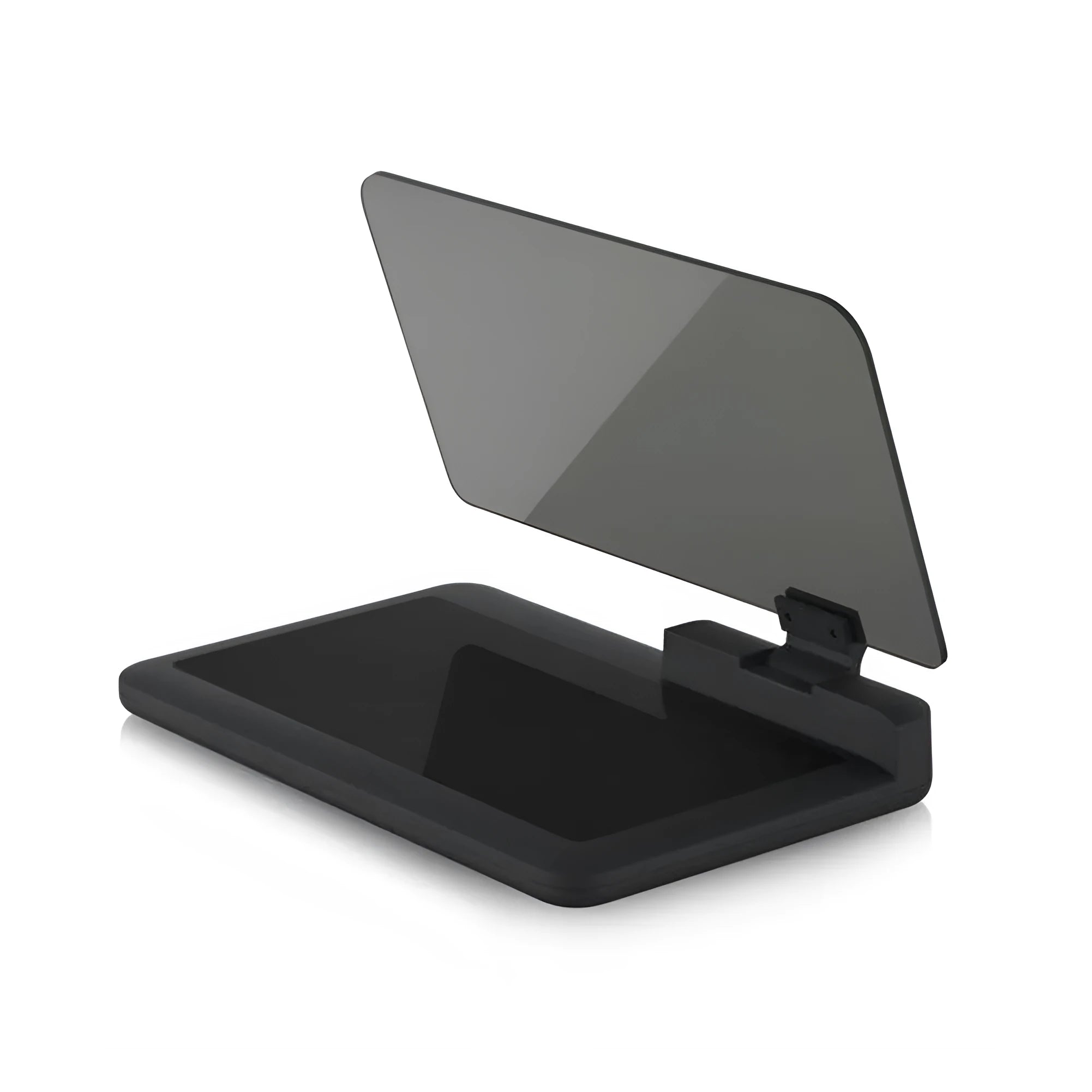 Grey universal smartphone car holder for hands-free navigation display on a reflective organic glass panel.