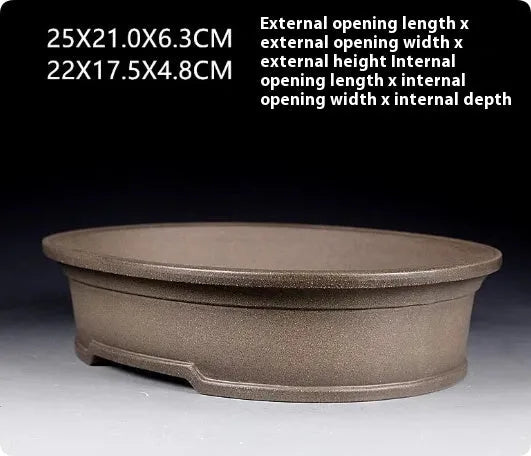 Handmade antique oval bonsai flower pot in purple sand ceramic showing 25X21X6.3CM dimensions