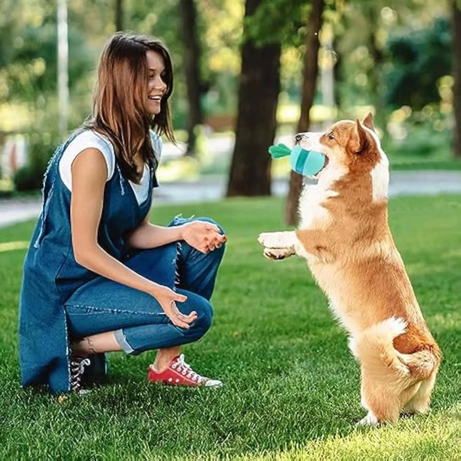 Blue durable rubber interactive treat dispensing dog puzzle toy ball for medium large dogs