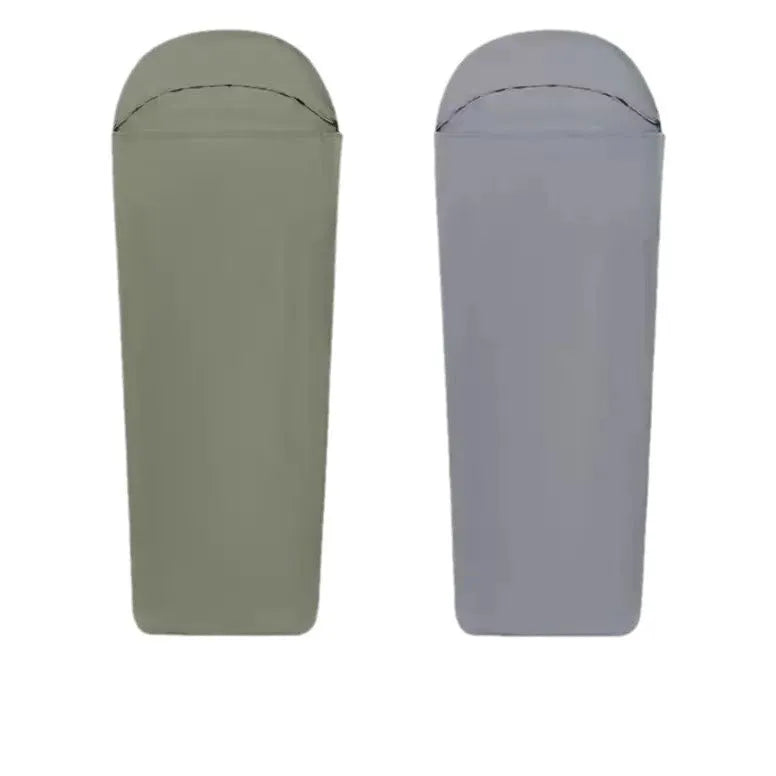 Blue and green mummy-style nylon camping sleeping bag for adults, shown packed and unpacked.
