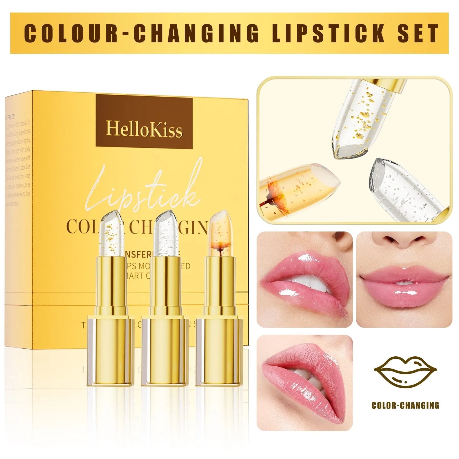 Tube of warm colour-changing anti-smudge lipstick with gilding effect, item YB1001.