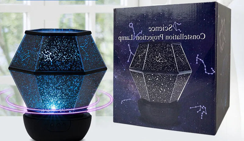 Children's LED night light projecting rotating three-colour stars onto a bedroom ceiling.