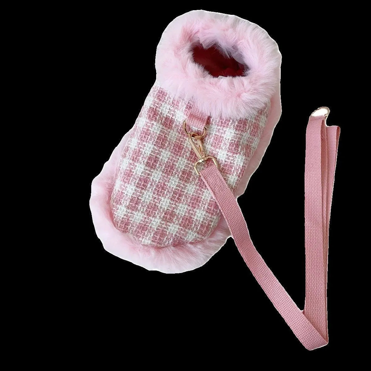 Pink polyester cat cloak with attached rope and matching beret for winter wear.