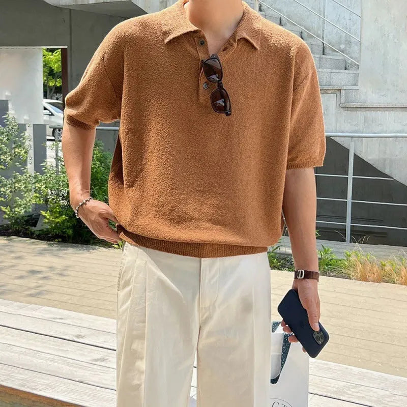 Retro knitted polo shirt for men with asymmetric design in caramel colour, showing short sleeves and loose fit