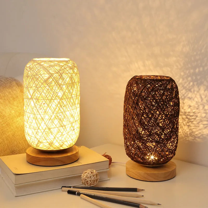 Natural hemp rope Sepak Takraw sphere desk lamp with solid wood base and USB cable