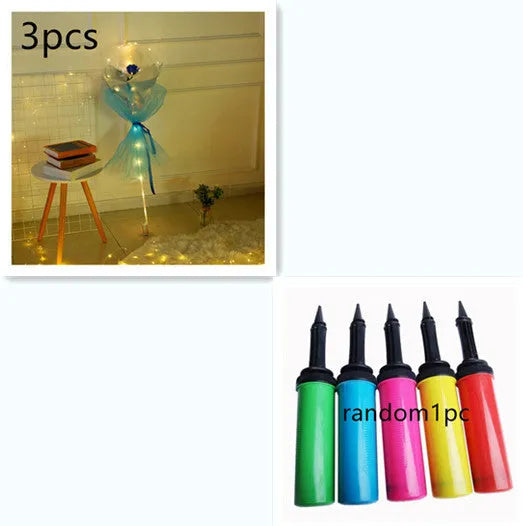 Transparent LED luminous balloon bouquet with artificial rose and glowing light inside, displayed as a DIY kit.