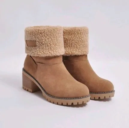 Mid-tube thick heel suede snow boots with round head and flat heel in black gray green khaki orange