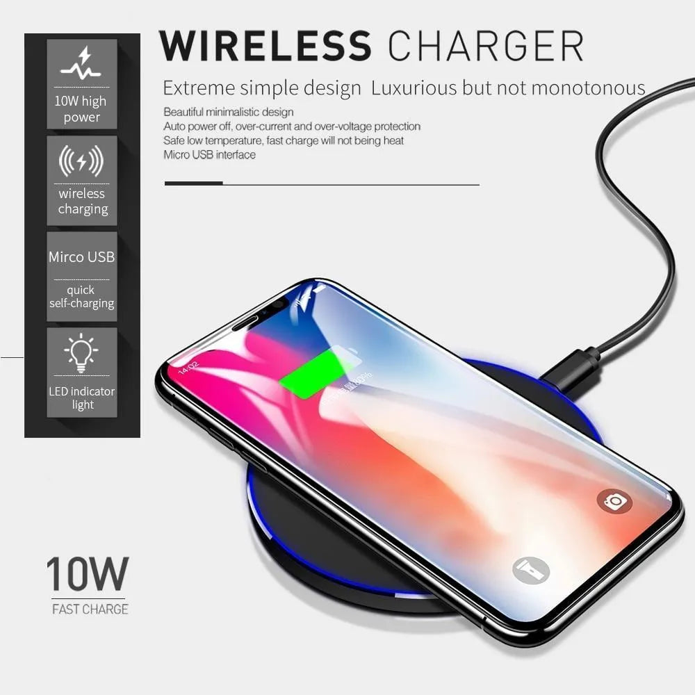 Black ultra-thin wireless charging pad measuring 98mm square with 9V fast charging capability