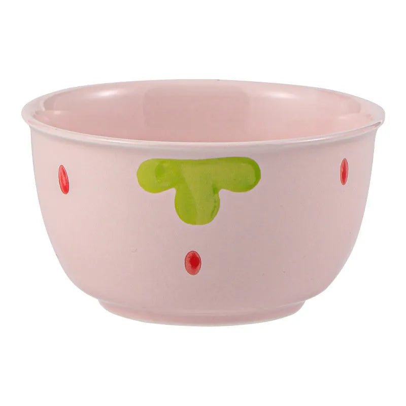 Strawberry pattern ceramic dinnerware set with bowls, plates and twist spoon