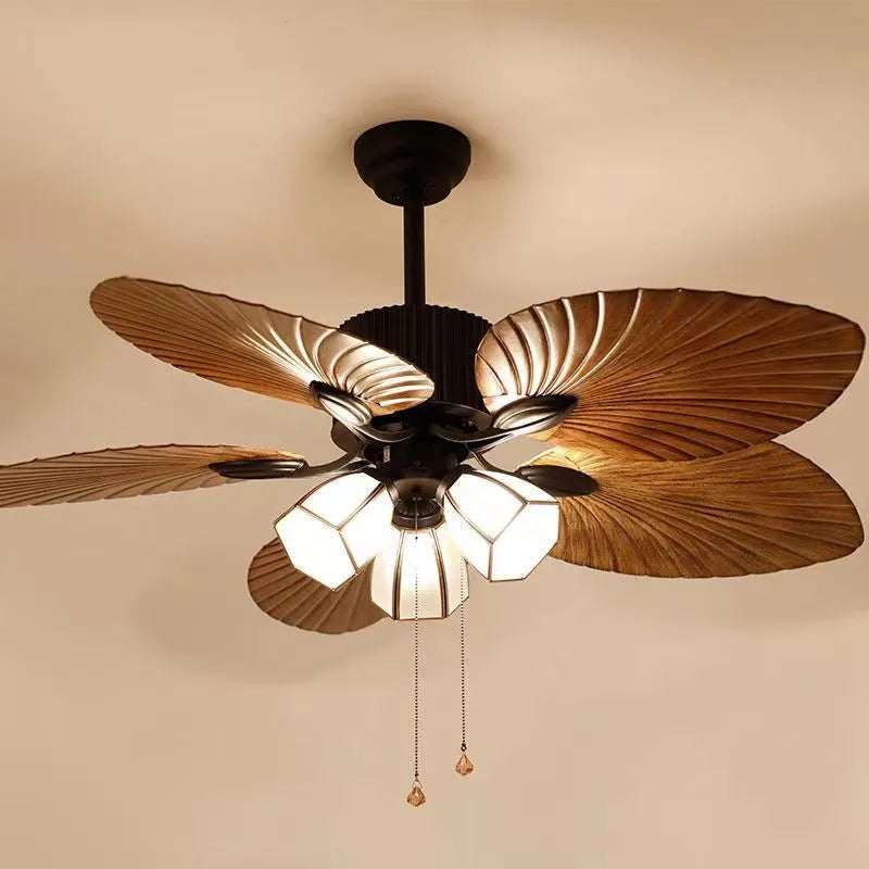 52-inch retro ceiling fan light with rubber leaf blades and integrated lights