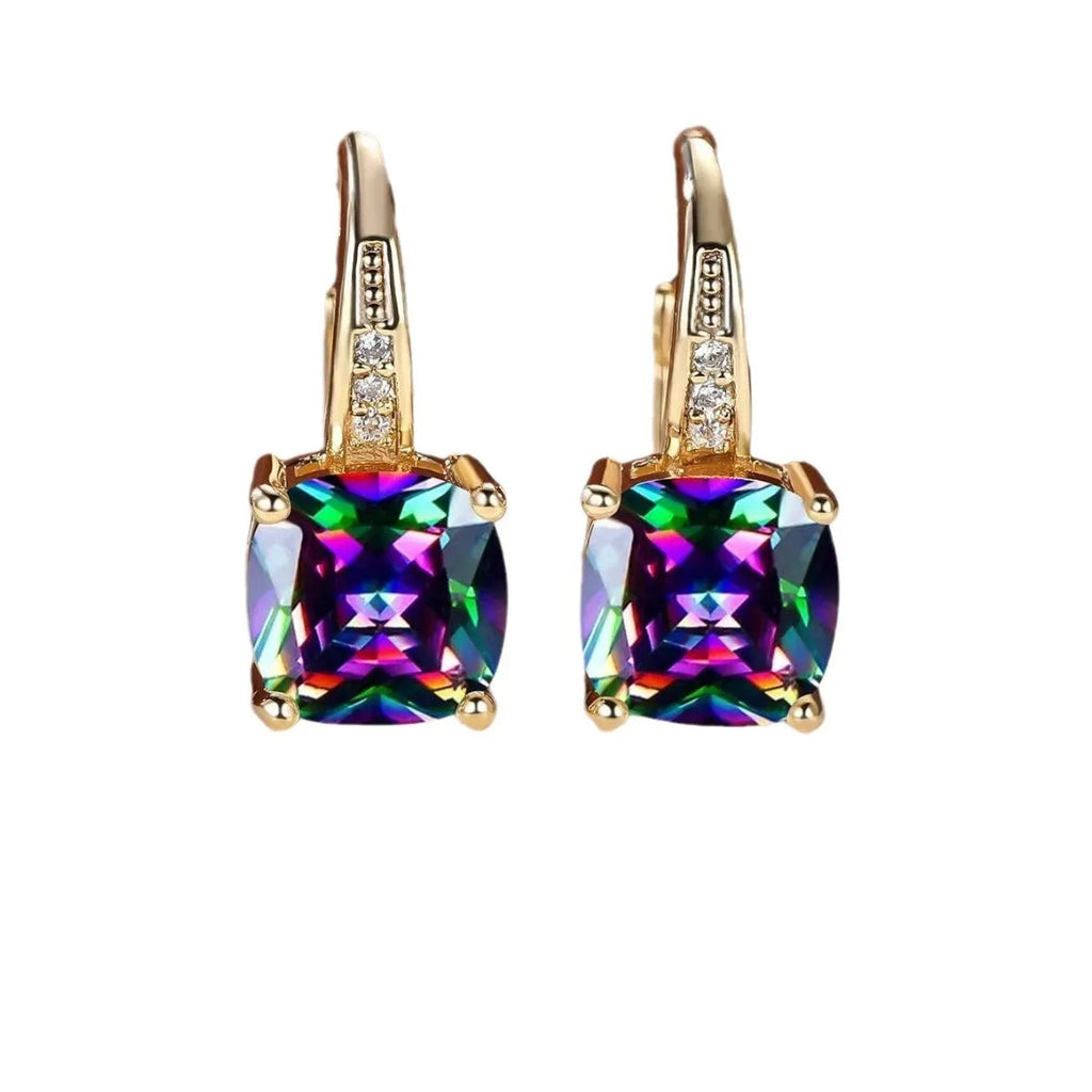 Square geometric ear clips with colourful moissanite stones in gold and silver electroplated finishes.
