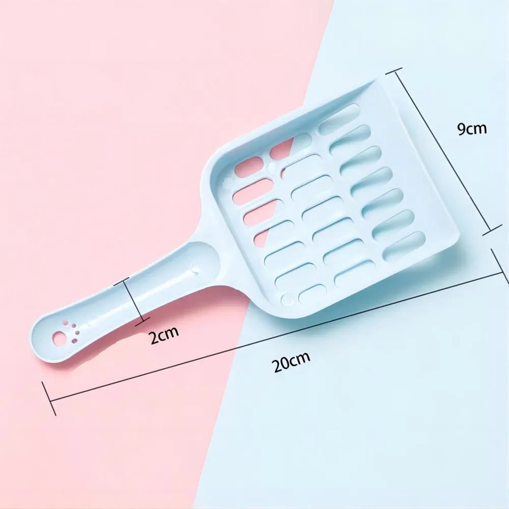 Plastic cat litter scoop in blue, green, or pink colour, showing 20cm length