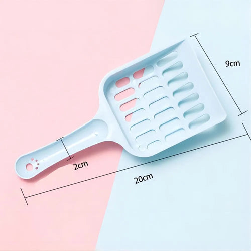 Plastic cat litter scoop in blue, green, or pink colour, showing 20cm length