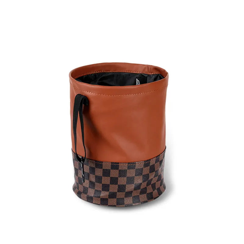 Retractable leather interior trash can with folding design and carrying handle
