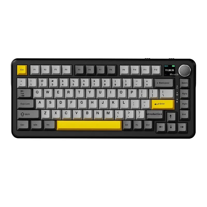Three-mode mechanical keyboard with hot-swappable design in black grey yellow colour options