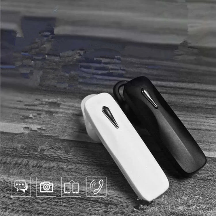M163 Bluetooth car headset in black or white for hands-free calling and music control.