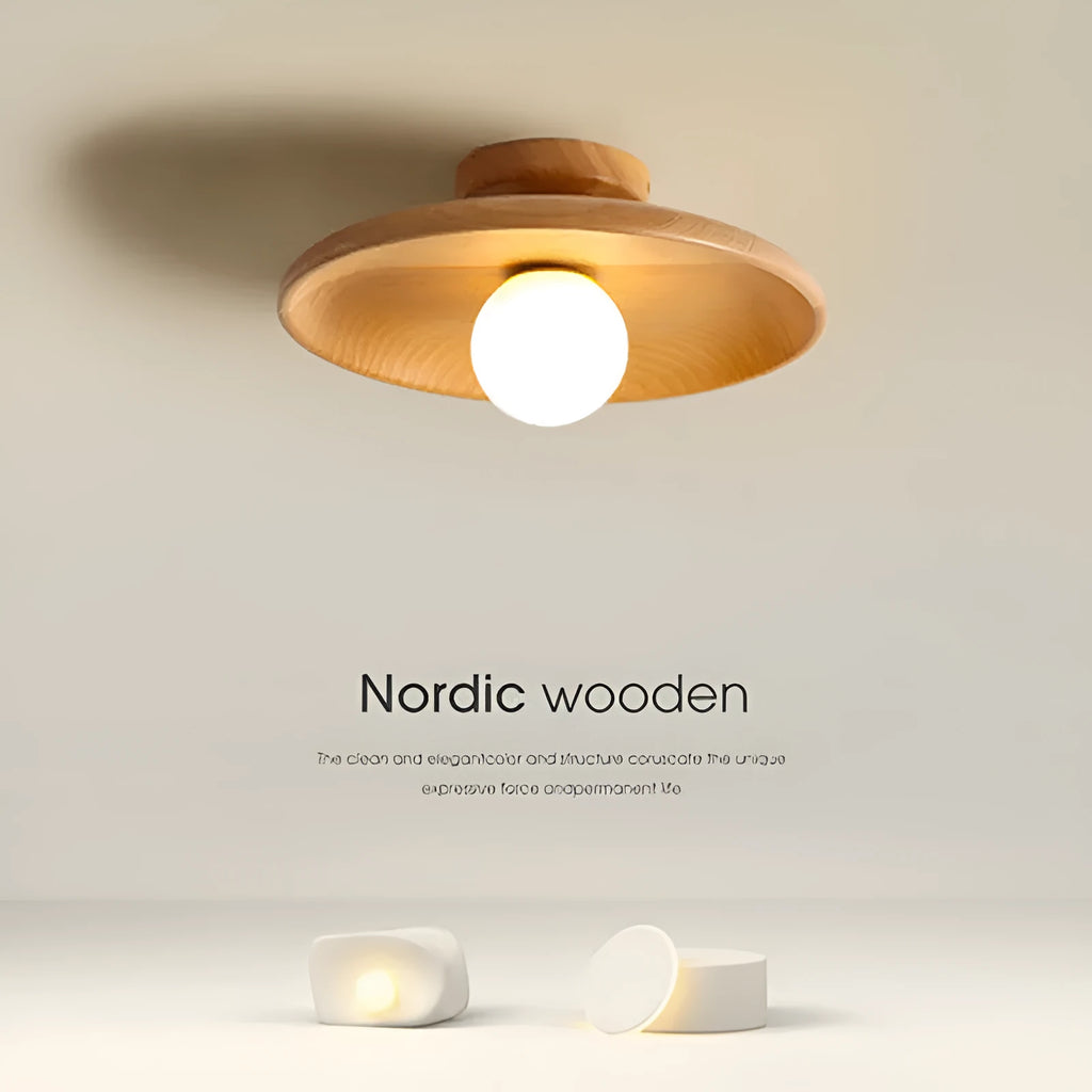 Minimalist solid wood and glass ceiling lamp in natural wood finish, 28cm diameter.
