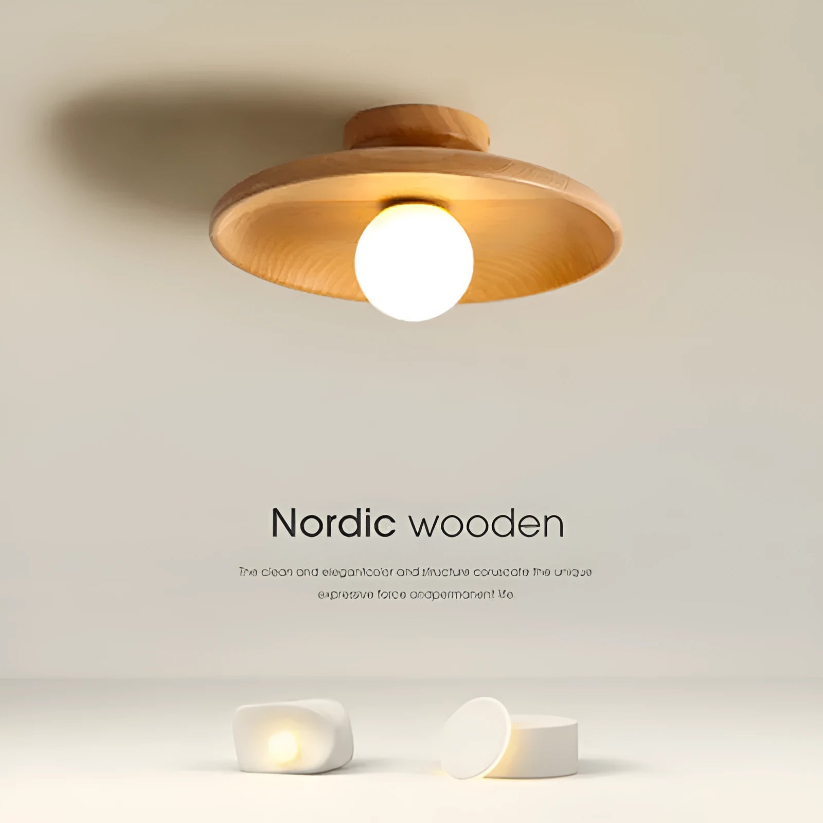 Minimalist solid wood and glass ceiling lamp in natural wood finish, 28cm diameter.