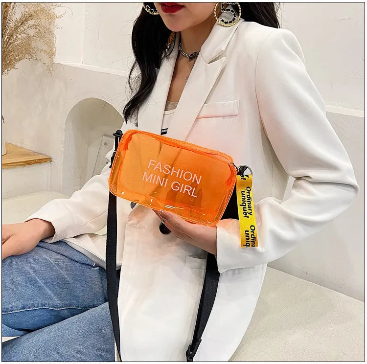 Transparent square jelly shoulder bag with adjustable strap in multiple colour options
