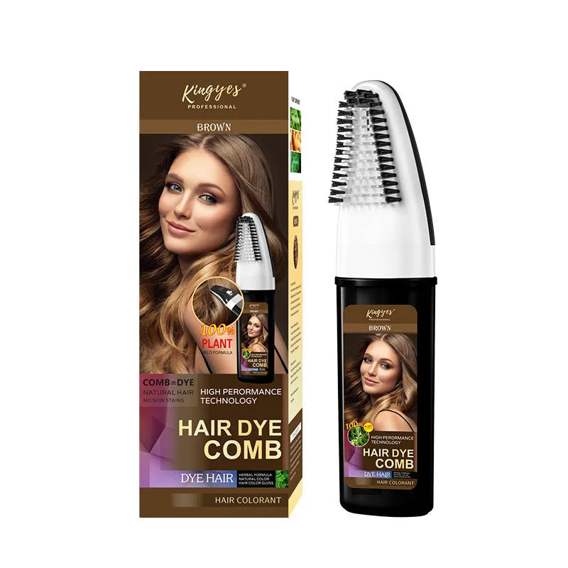 Hair dye bottle with application comb in wine red, dark brown and brown colour options