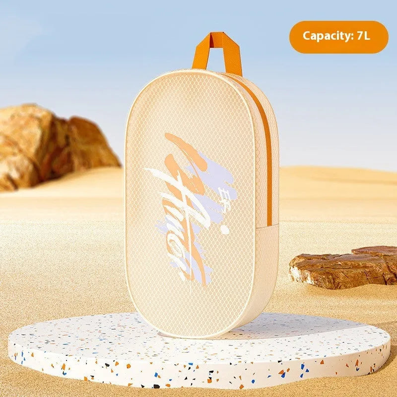Waterproof EVA swimming storage bag in orange, red, violet or white colours showing 3L and 7L capacity options