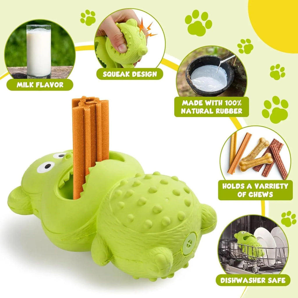 Green and yellow thick natural rubber dog toy with squeaker for large breed aggressive chewers.