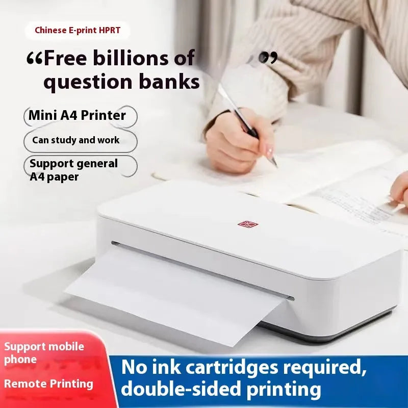 Small white plastic intelligent remote learning printer with a ribbon cartridge on a desk.