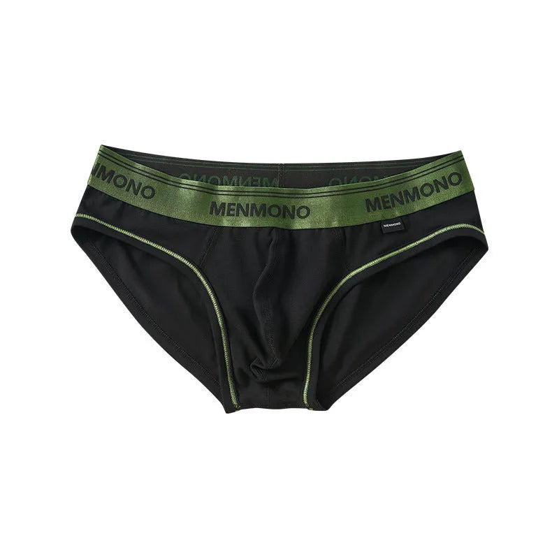 Men's low waist cotton briefs showing solid colour block design in various two-tone combinations.