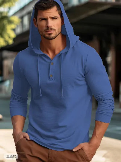 Men's dark blue cotton pullover hoodie with long sleeves on a mannequin