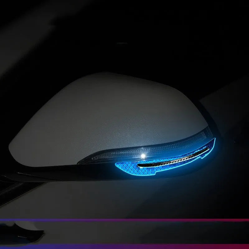 Blue resin reflective warning strips for car bumper edges, 17mm wide.