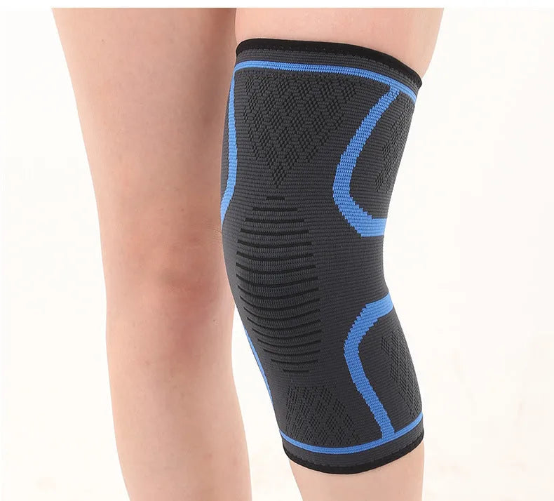 Stretch polyester sports kneepad with corrugated texture in black, shown on a knee.