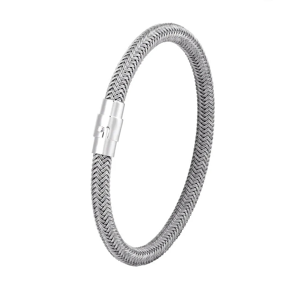 Men's titanium steel geometric wire bracelet with a magnetic clasp, shown in one of four available colour options.