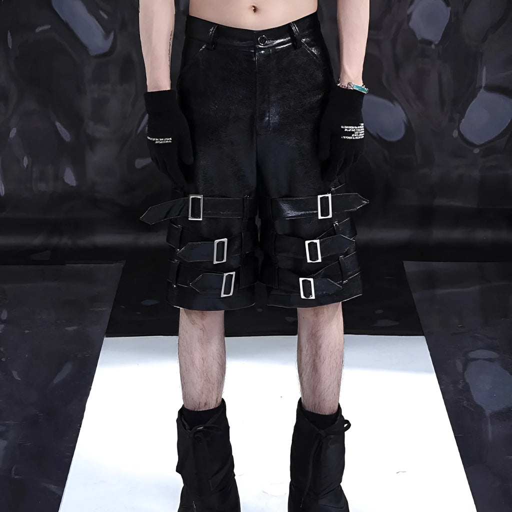 Men's black leather ring casual cropped pants in polycarbaminate fabric showing medium-low waist design