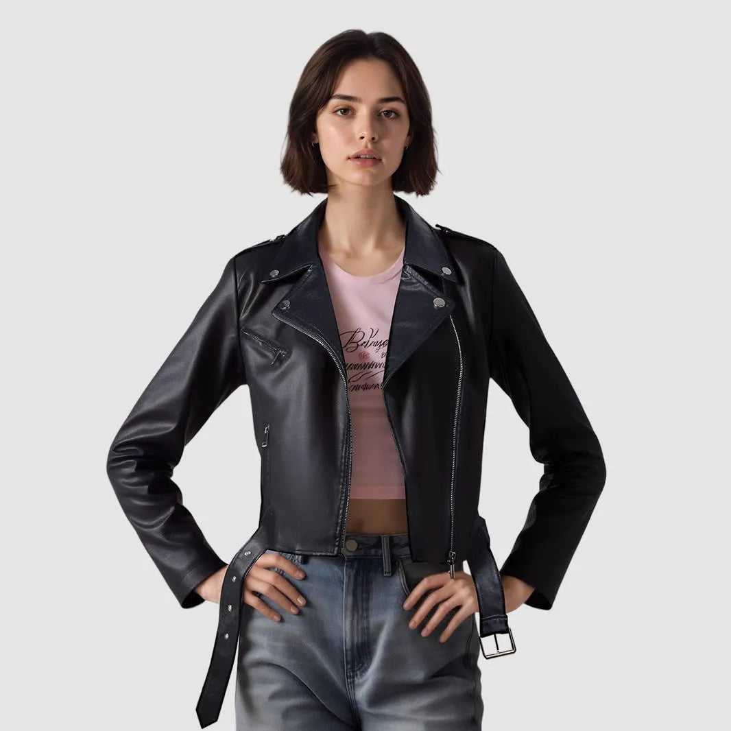 Women's red PU leather motorcycle jacket with short belt lapel and regular sleeves