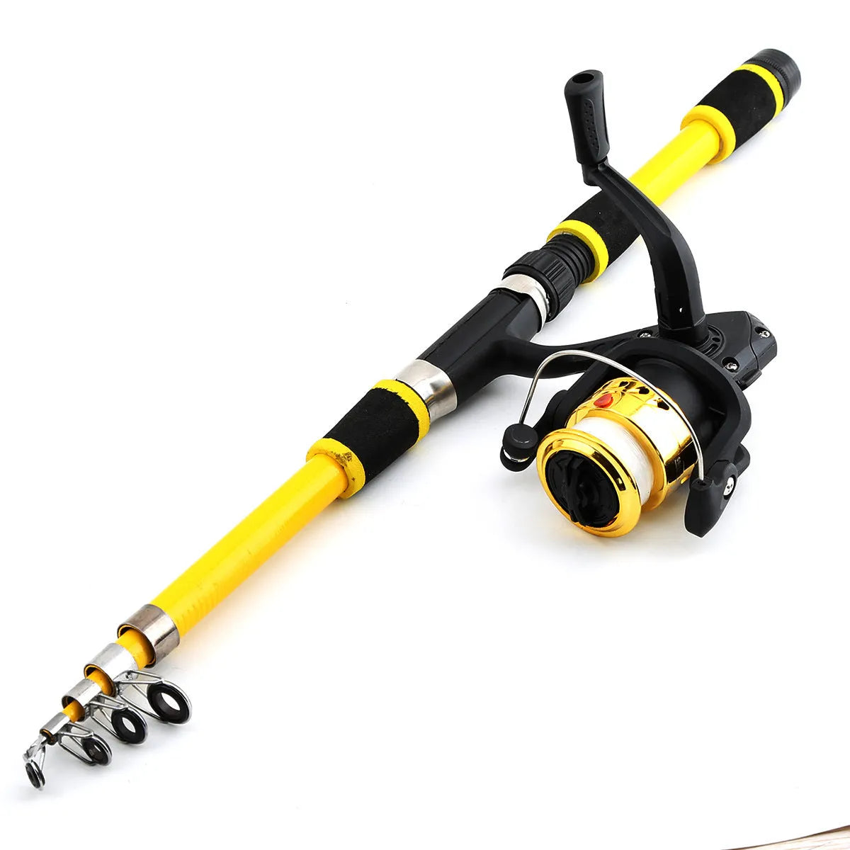 Children's beginner fishing rod set with pole and wheel in blue, green, red, or yellow colour options