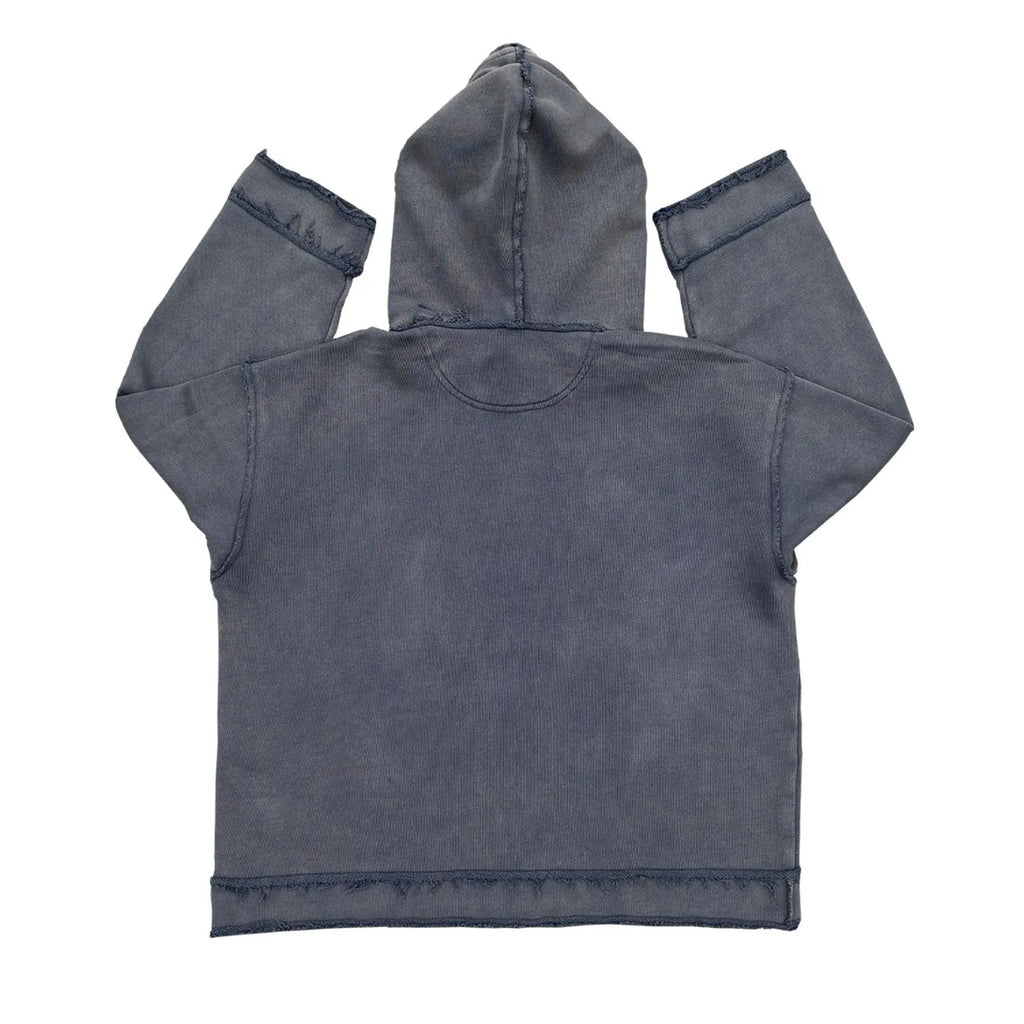 A dark blue zip-front hoodie sweater with a hood, shown on a model.