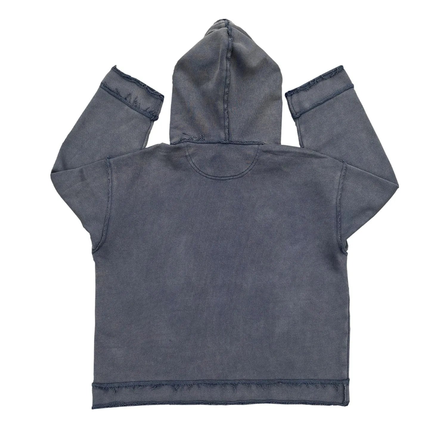 A dark blue zip-front hoodie sweater with a hood, shown on a model.