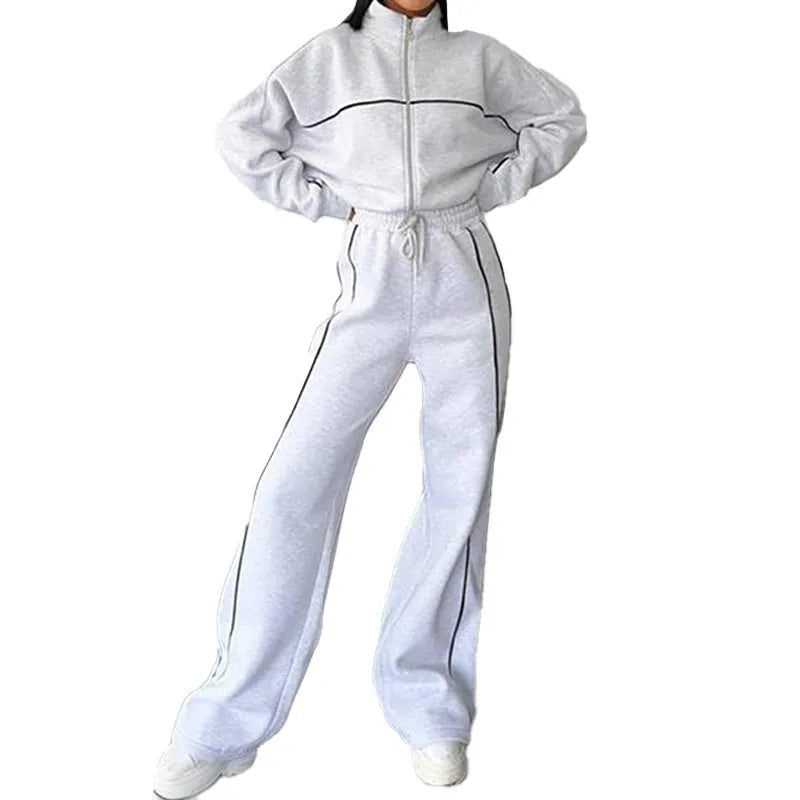 Casual polyester suit set with mock neck hoodie and lace-up striped trousers in six colour options