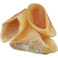 Natural cowhide dog chew toy in hoof shell colour, shown in small and large sizes for dental health.