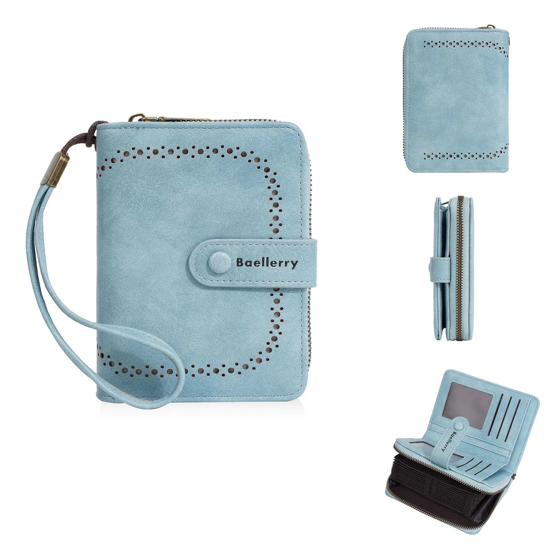 Women's black PU leather coin purse with zipper closure showing integrated wallet and card holder functions