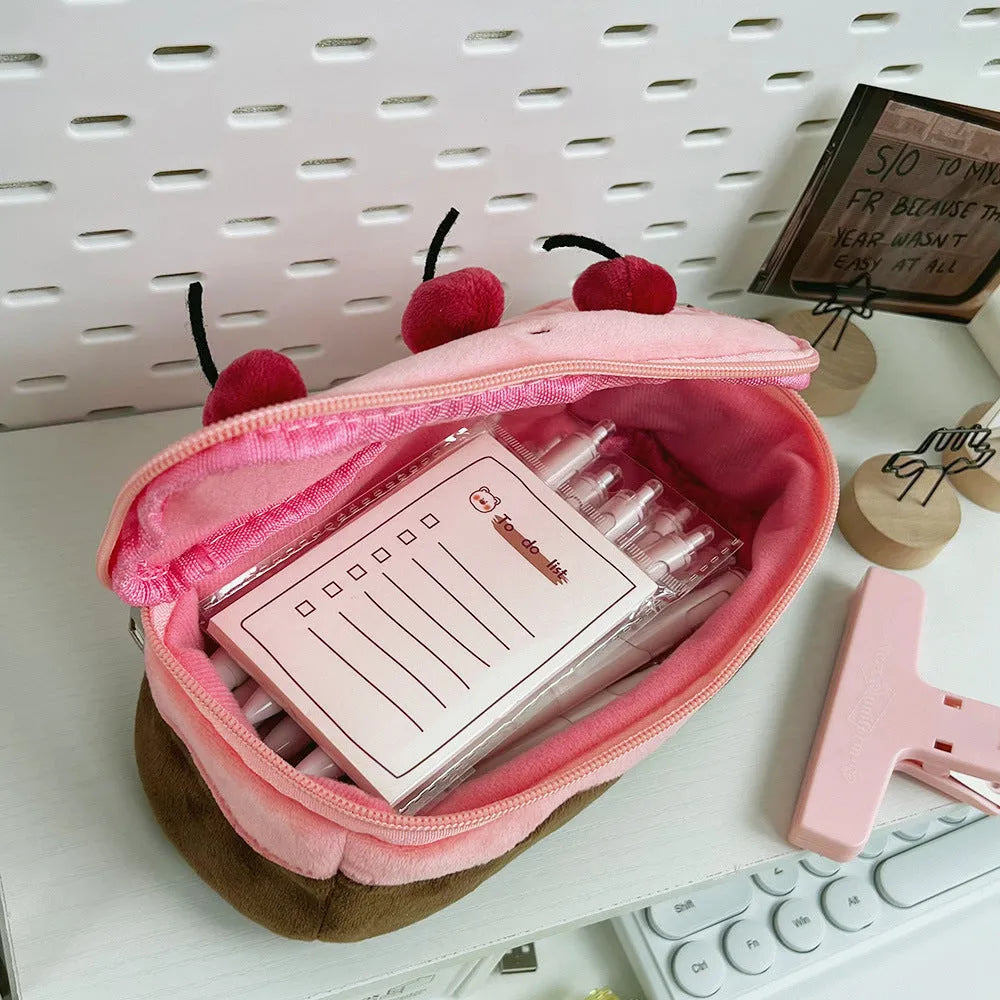 Cherry Cake pattern velvet pencil bag with zip closure in Korean style