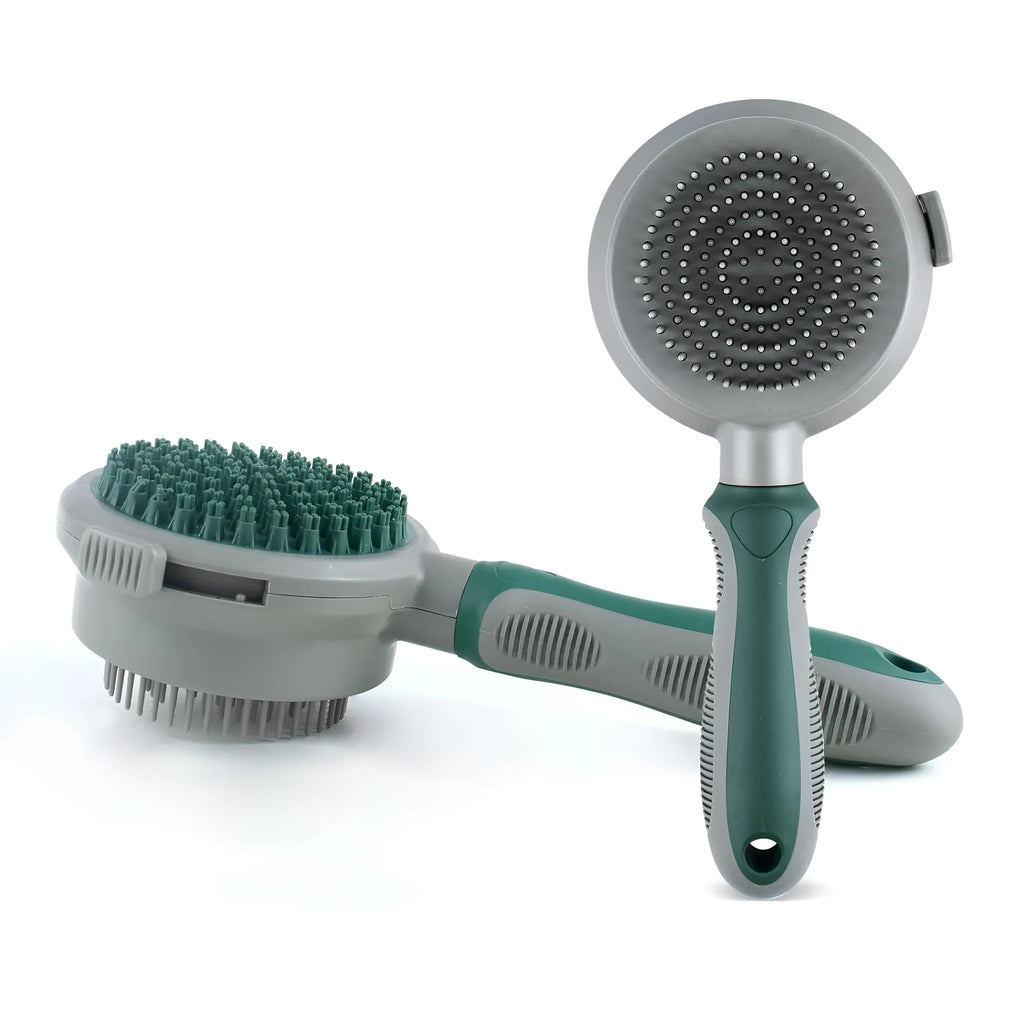 Green and pink 2-in-1 silicone cat brush showing slicker brush side and octopus-teethed massager side