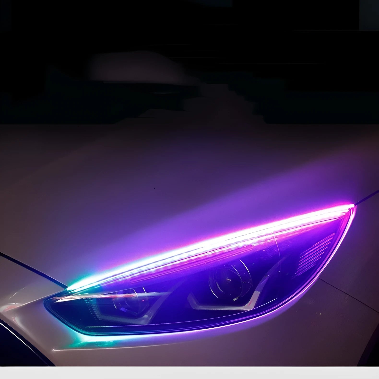 Universal LED daytime running light with remote control for General Motors cars, shown in RGB colours.