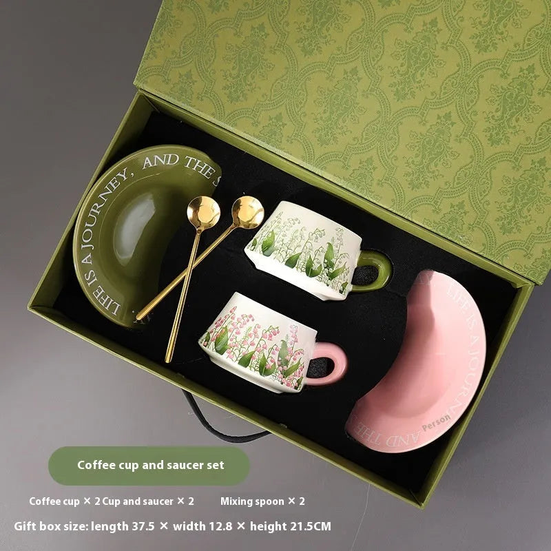 Ceramic coffee cup and saucer set for couples with stirring spoons in Campanula or Lanling Grass designs