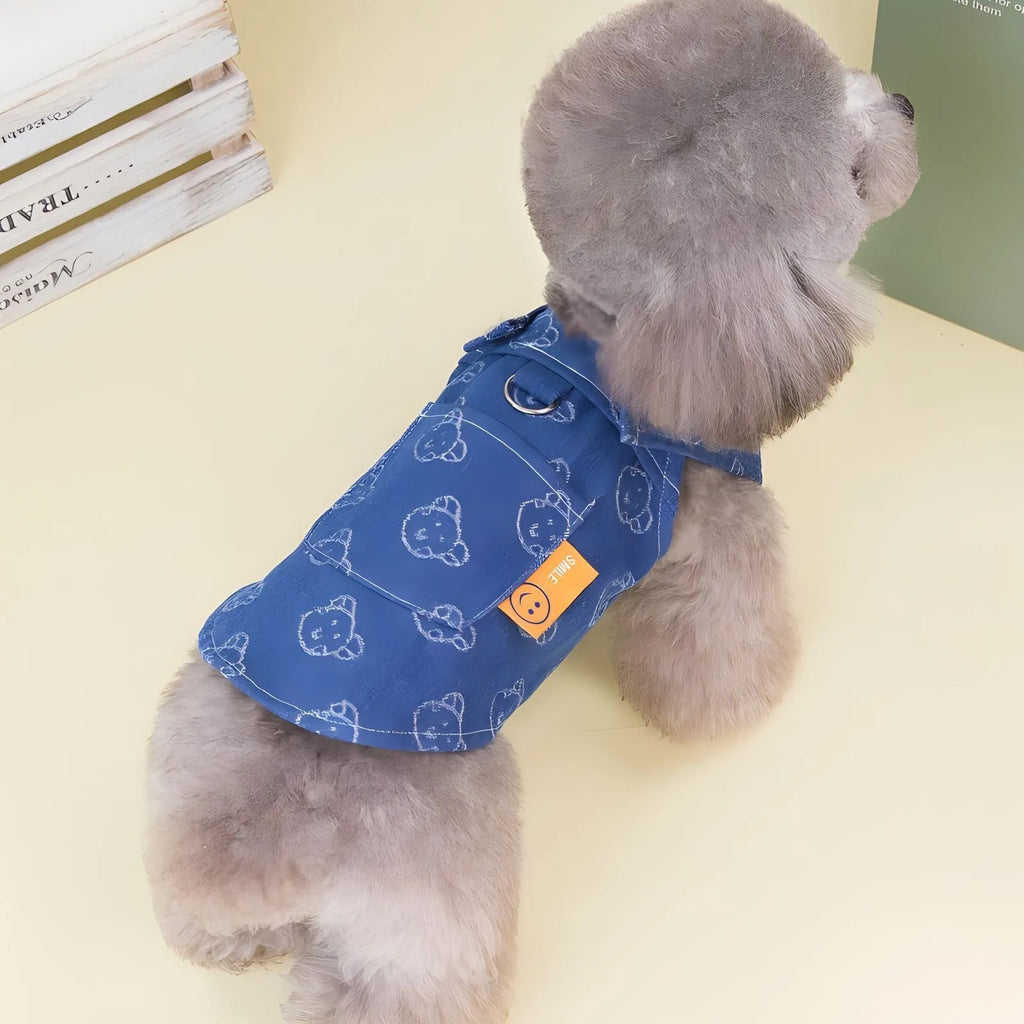 Denim princess dress for small dogs in bracket-skirt style on mannequin