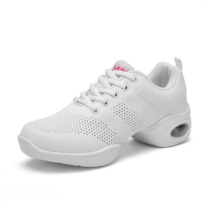 Women's Flyknit woven mesh dancing shoes with soft PU sole in multiple colour variations for summer dance and sports